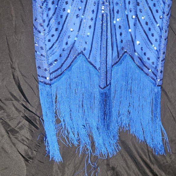 1920s Blue Beaded & Sequin Mable Flapper Dress Large - Picture 4 of 6